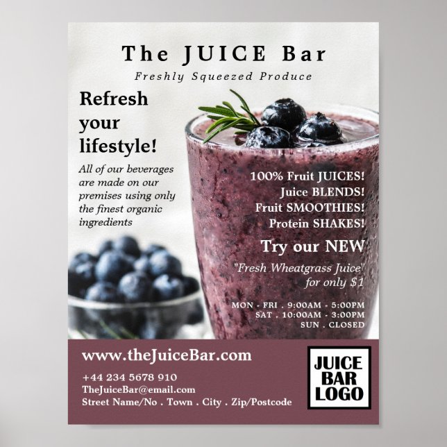 Póster Blueberry Smoothie, publicidad de Juice Bar (Frente)