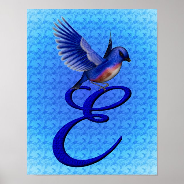Póster Bluebird Elegante Monograma Inicial E (Frente)