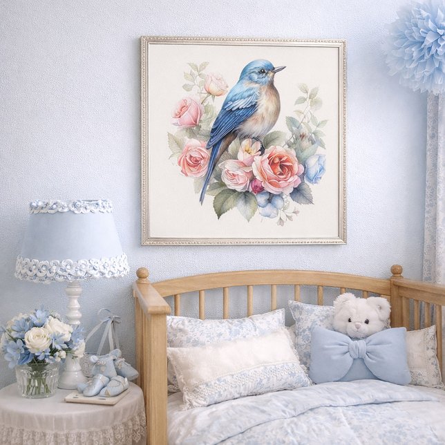Póster Bluebird Floral Art Home Decor (Beautiful blue bird and pink roses wall art )