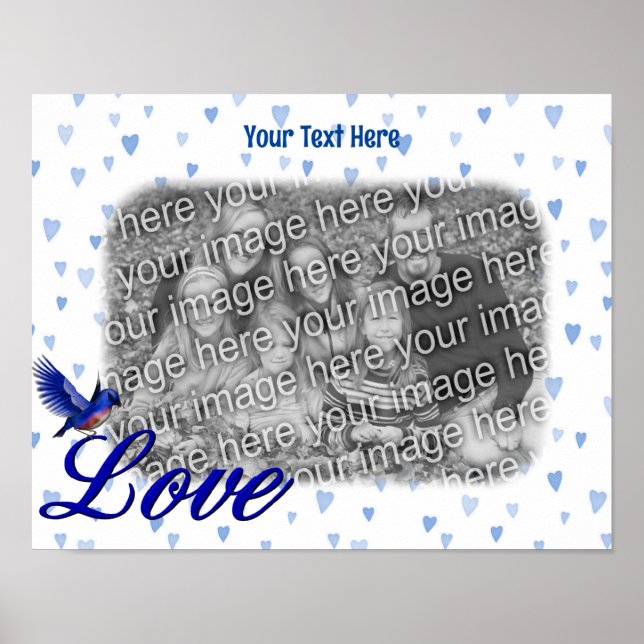 Póster Bluebird Love Blue Hearts Frame Añadir tu foto (Frente)