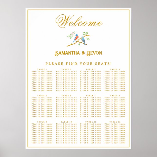 Póster Bluebirds Wedding Seating Chart (Frente)