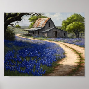 Póster Bluebonnets y el viejo granero de Texas