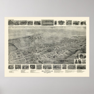 Póster Bluefield, Mapa Panorámico de WV - 1911