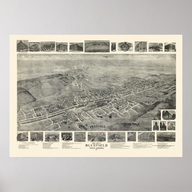 Póster Bluefield, Mapa Panorámico de WV - 1911 (Frente)