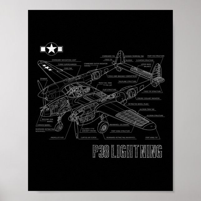 Póster Bluepr del avión Lightning Fighter de la Segunda G (Frente)