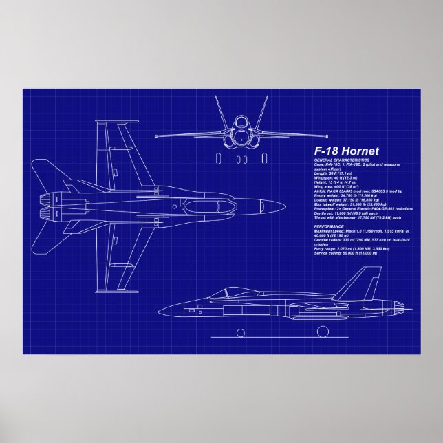 Póster Blueprints del avión | Cuerno F-18 (Frente)