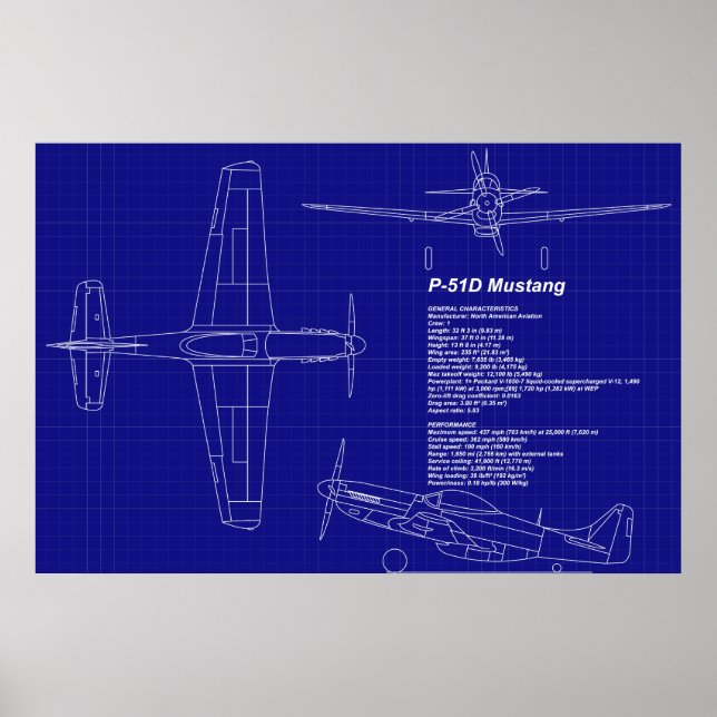 Póster Blueprints del avión | P-51 Mustang (Frente)