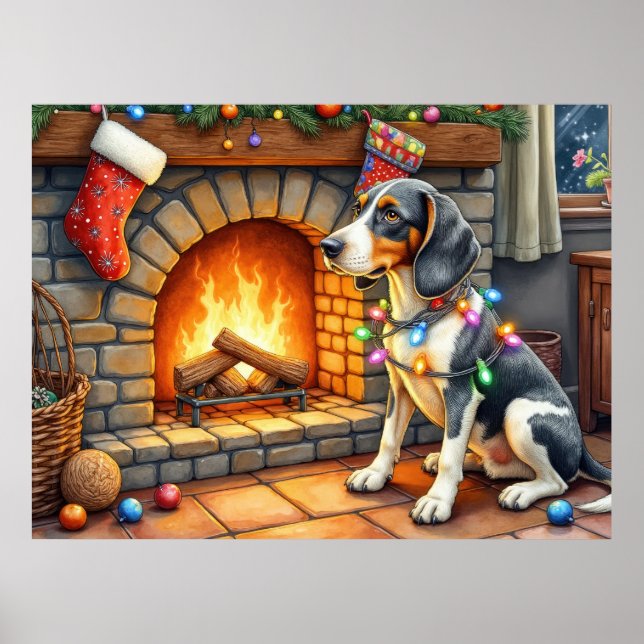 Póster Bluetick Coonhound Fireplace with Christmas Lights (Frente)