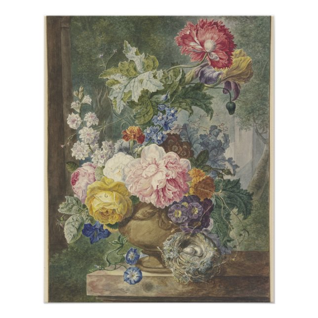 Póster Blumenstrauß in einer Vase mit Vogelnest (Anverso)