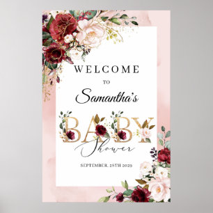Póster Blush and burgundy floral gold Baby shower