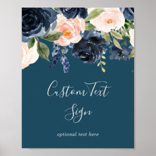 Póster Blush and Navy Flowers Blue Custom Text Sign