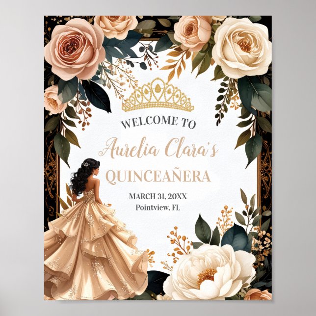 Póster Blush Champagne Ivory Floral Princess Quinceanera (Frente)