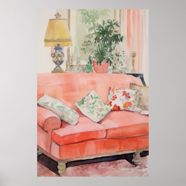 Póster Blush Comfort – Sofá Rosa Acuarela Sala (Frente)