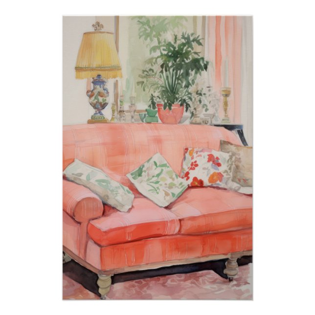 Póster Blush Comfort – Watercolor Pink Couch Living Room (Anverso)