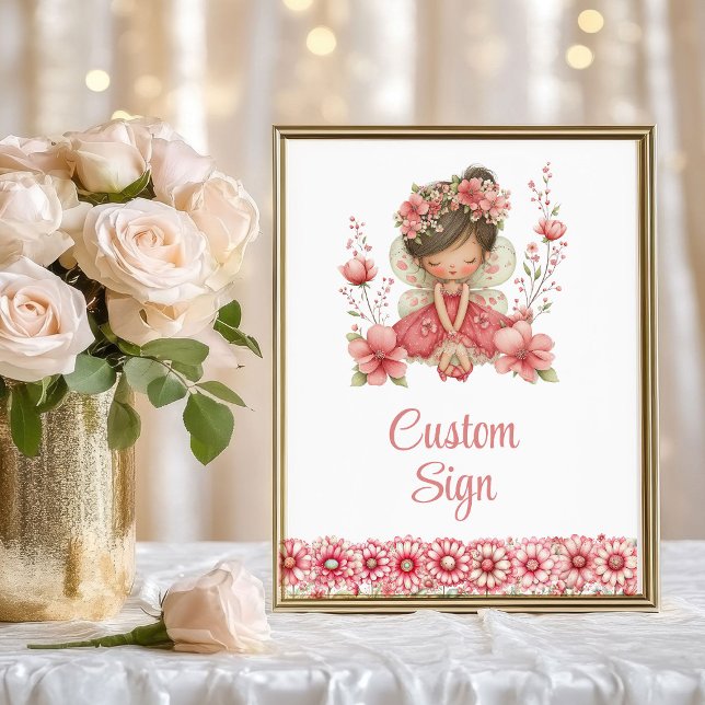 Póster Blush Fairy Girl Whimsical Floral Birthday Custom  (Blush Fairy Girl Whimsical Floral Birthday Custom Sign

)