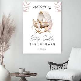 Póster Blush Floral Gold Bassinet Baby Shower Welcome