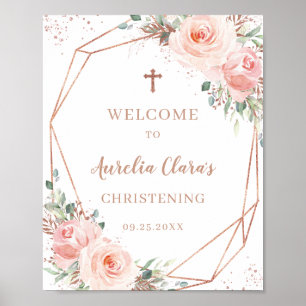 Póster Blush Floral Rose Gold Geometric Christening Sign