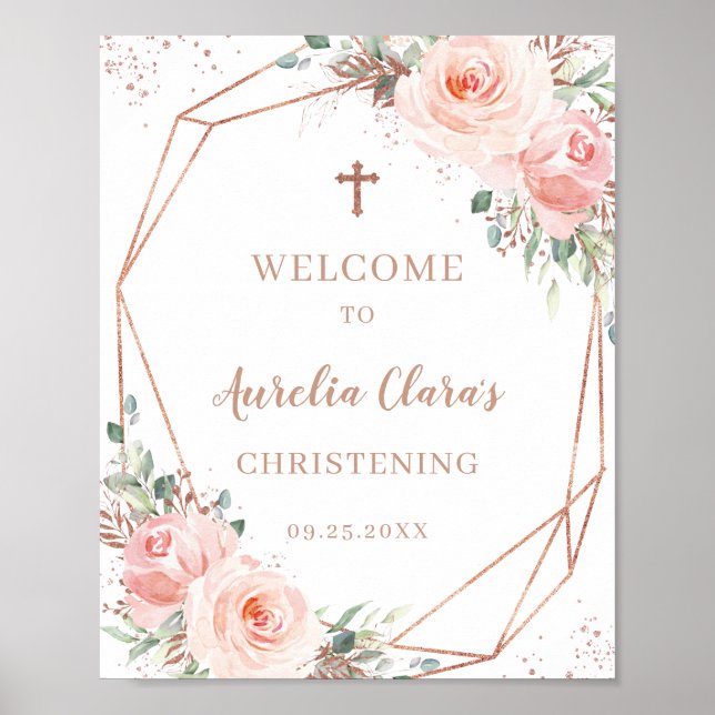 Póster Blush Floral Rose Gold Geometric Christening Sign (Frente)