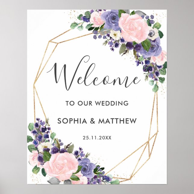 Póster Blush Lavender Purple Floral Wedding Welcome Sign (Frente)