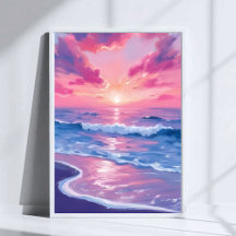 Blush Ocean Sunset Waves Watercolor Art