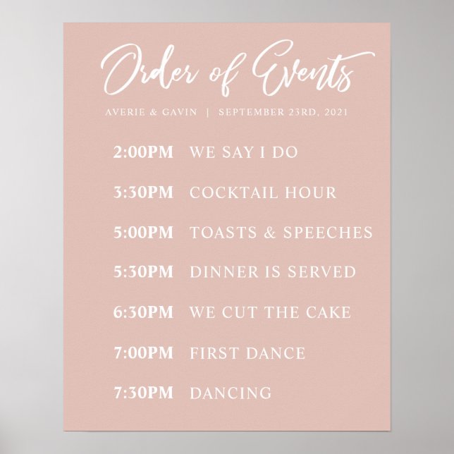 Póster Blush Order of Events Wedding Day Schedule Poster (Frente)