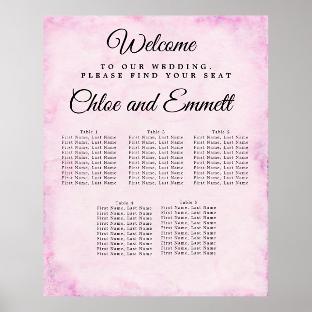 Póster Blush Pink 5-Table Wedding Seating Char Poster (Frente)