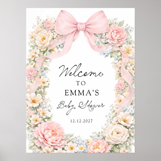 Póster Blush Pink Bow Floral Coquette Baby Shower Welcome (Frente)