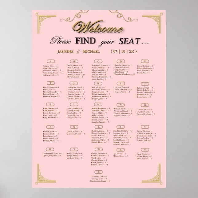 Póster Blush Pink Champagne Gold Wedding Seating Chart (Frente)