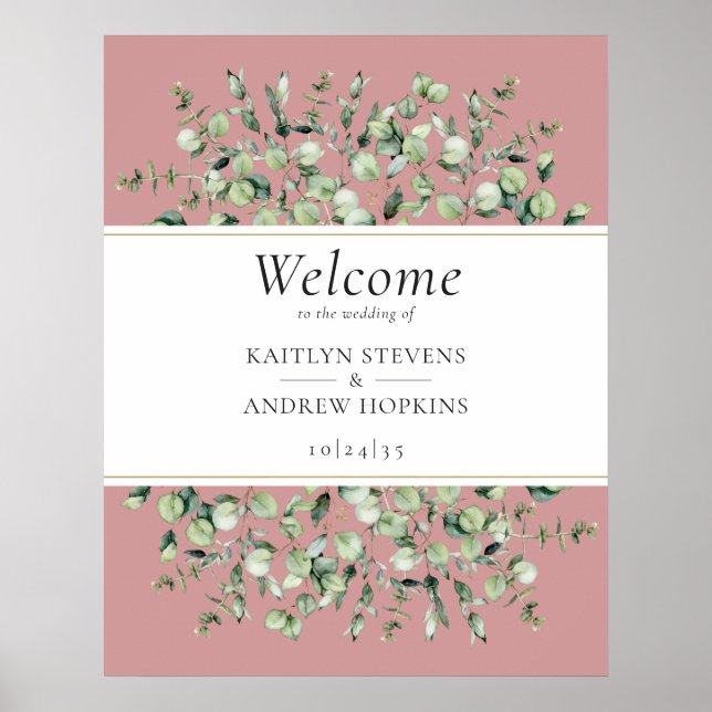 Póster Blush Pink Eucalyptus Wedding Welcome  (Frente)