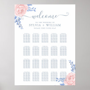 Póster Blush Pink Floral Blue Wedding Seating Chart