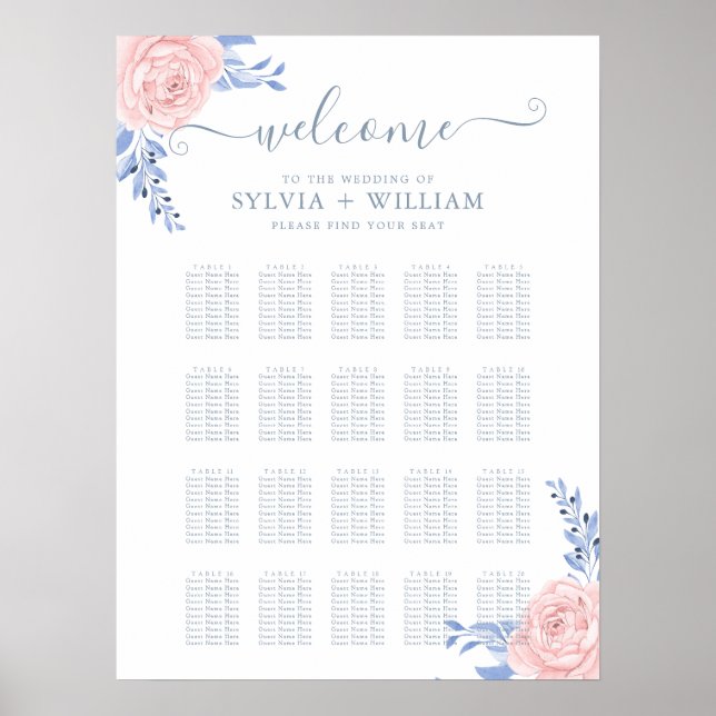 Póster Blush Pink Floral Blue Wedding Seating Chart (Frente)