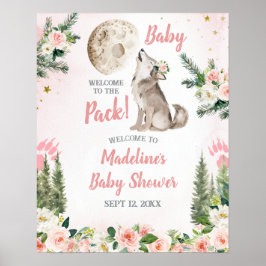 Póster Blush Pink Floral Moon Forest Wolf Welcome Sign