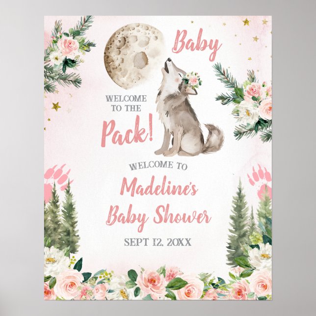 Póster Blush Pink Floral Moon Forest Wolf Welcome Sign (Frente)