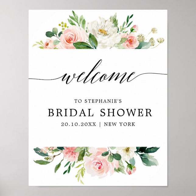 Póster Blush Pink Florals Botanical Bridal Shower Welcome (Frente)