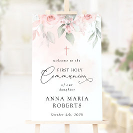 Póster Blush Pink Flowers, First Holy Communion Welcome