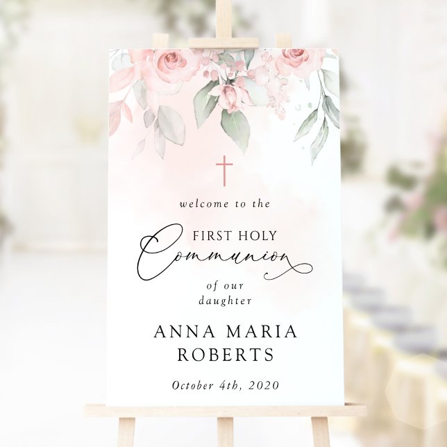 Póster Blush Pink Flowers, First Holy Communion Welcome (Subido por el creador)
