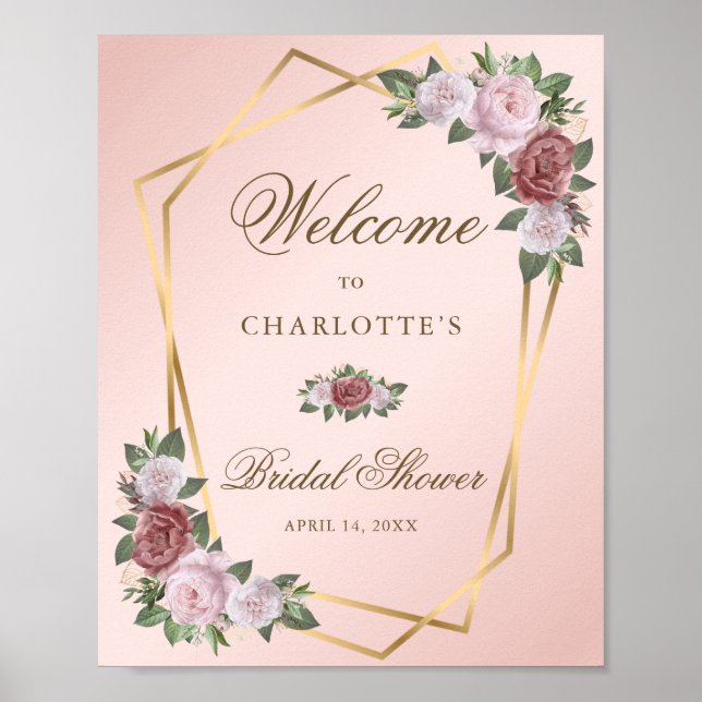 Póster Blush Pink Gold Floral Bridal Shower Welcome Sign (Frente)