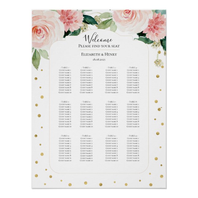Póster Blush pink gold peony floral wedding seating plan (Anverso)