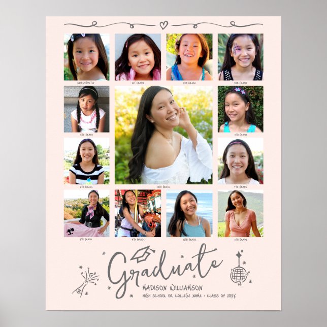 Póster Blush Pink Graduation K–12 Photo Collage Doodles (Frente)