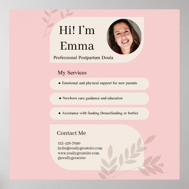 Póster Blush Pink Postpartum Doula Professional Design (Frente)