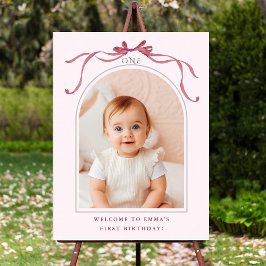 Póster Blush Pink Red Bow 1st Birthday Photo Welcome