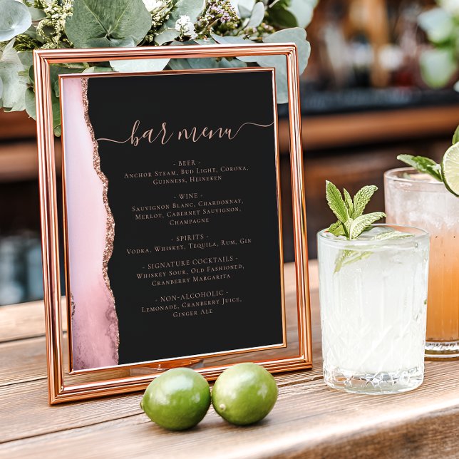 Póster Blush Pink Rose Gold Agate Dark Wedding Bar Menu (Subido por el creador)