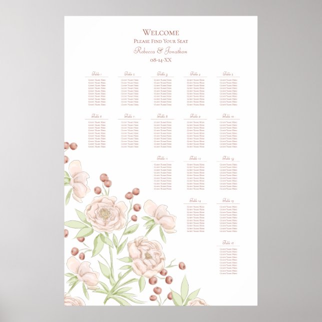 Póster Blush Pink Roses Modern Wedding Seating Chart (Frente)