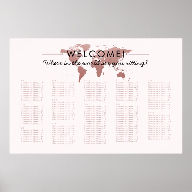 Póster Blush Pink World Map Travel Theme Seating Chart (Frente)