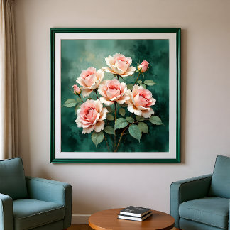 Póster Blush Rose Elegance on Deep Jade