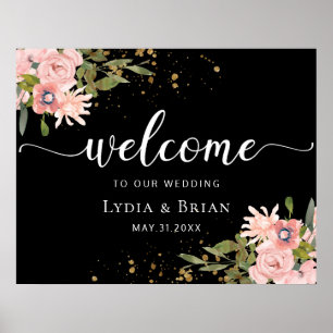 Póster Blush Roses & Gold on Black Wedding Welcome Sign