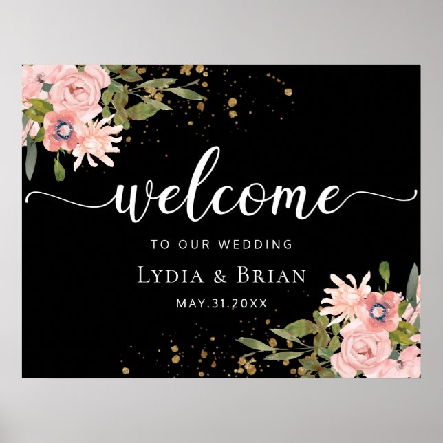 Póster Blush Roses & Gold on Black Wedding Welcome Sign (Frente)