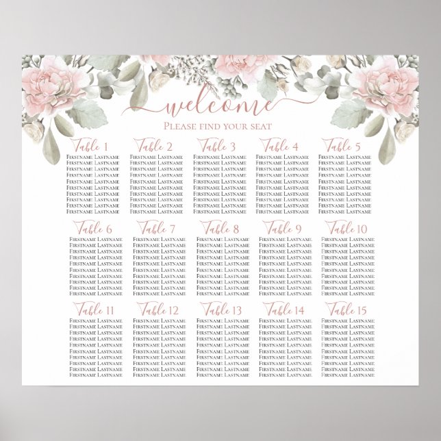 Póster Blush wedding floral dusty rose boho seating chart (Frente)