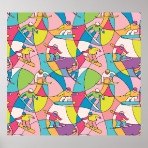 Póster Boardes de nieve coloridas: patrón vintage sin cos