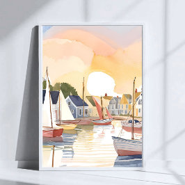 Póster Boat Bay | Coastal Ocean Watercolor Painting